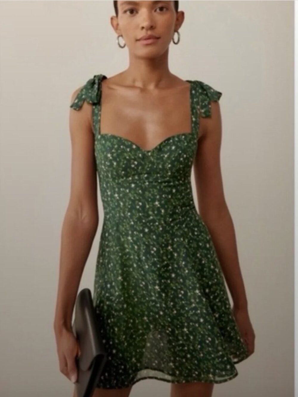REFORMATION (NWT) Presley Mini Dress Green Ditsy Floral Tie Shoulder, Size 2